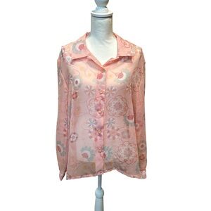 Haband Pink Floral Button Down Blouse size‎ XL sheer
